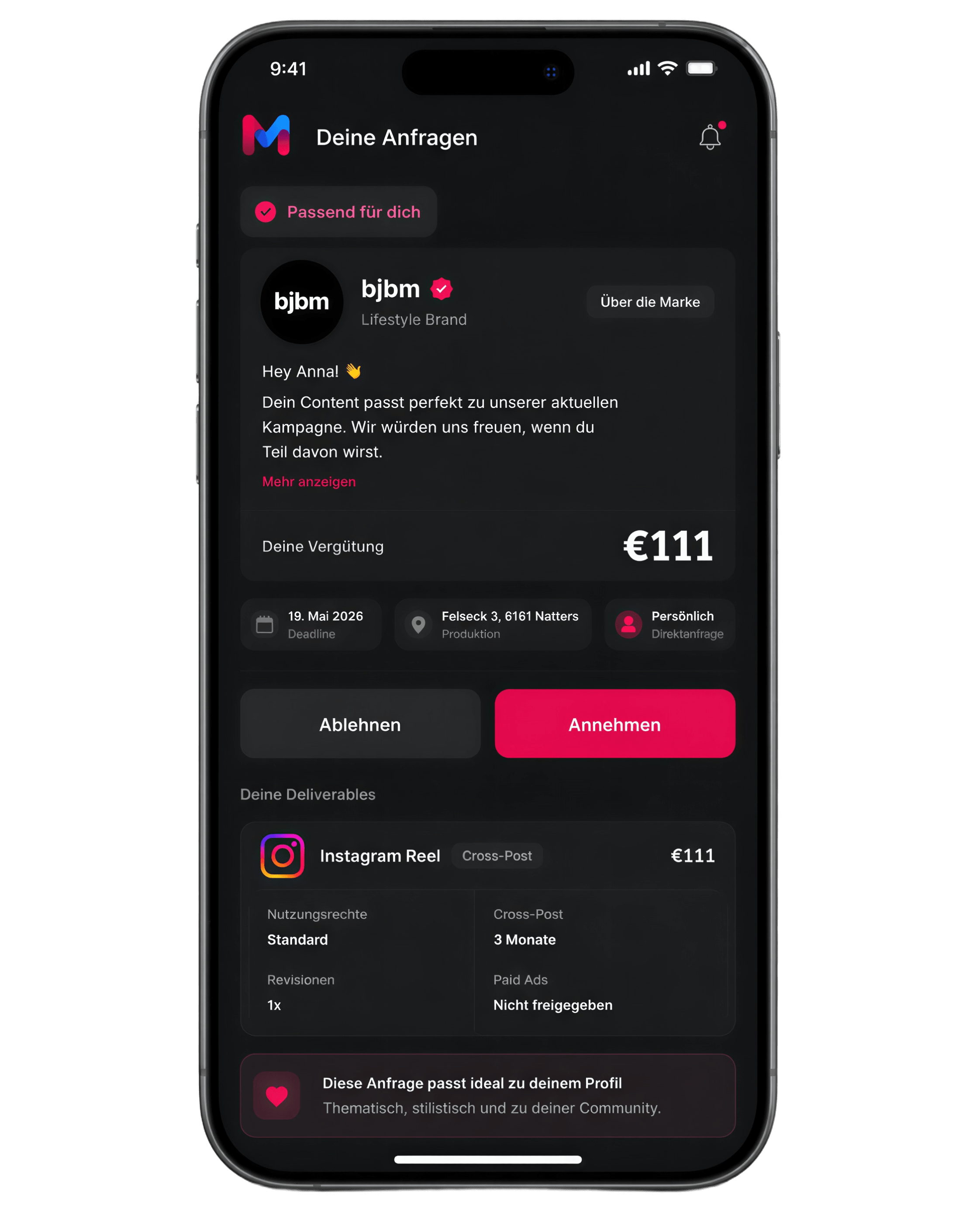 Markify Creator Marktplatz mit personalisierten Vorschlägen, Match-Scores und passenden Marken pro Creator