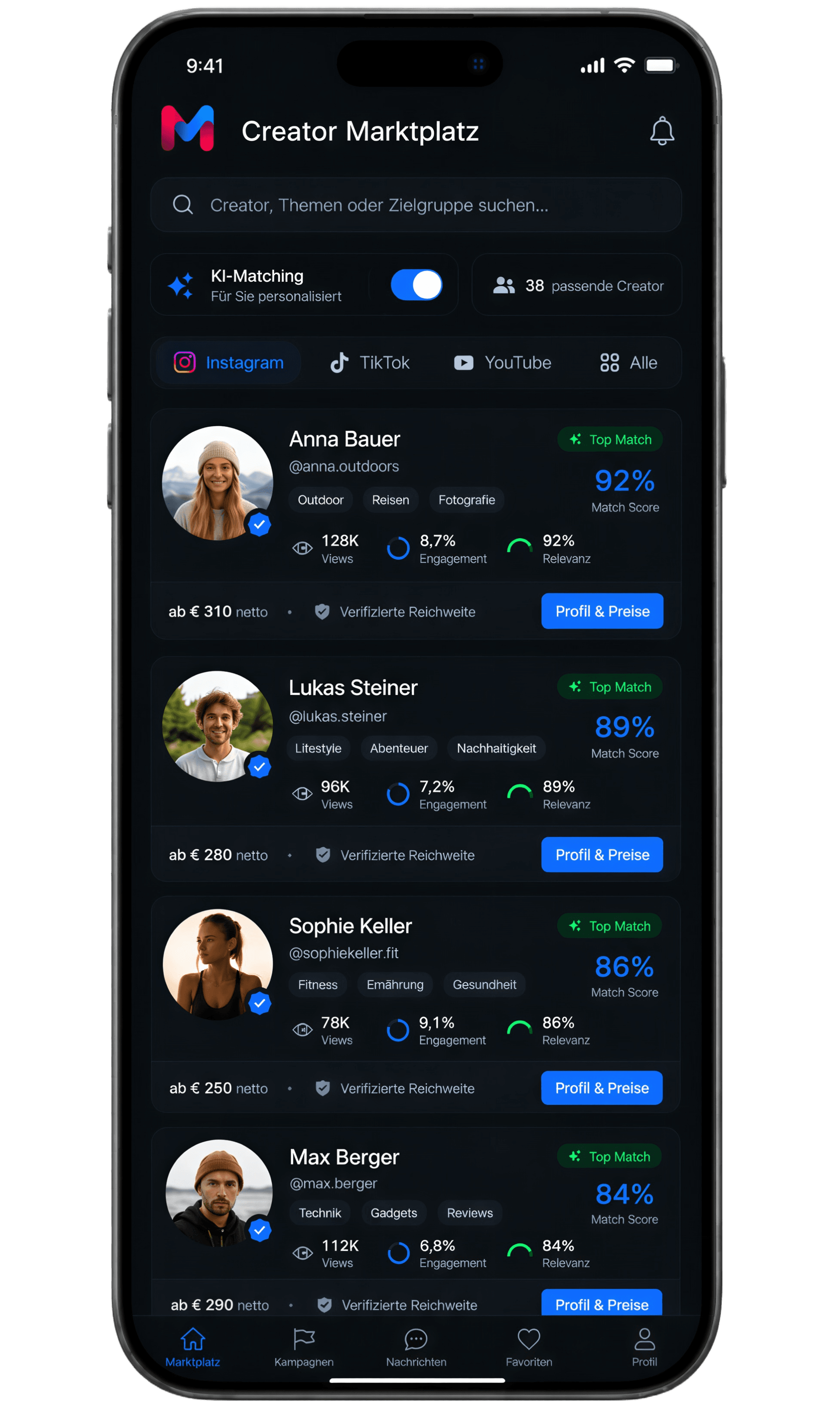 Markify Creator Marktplatz mit personalisierten Vorschlägen, Match-Scores und Festpreisen pro Creator