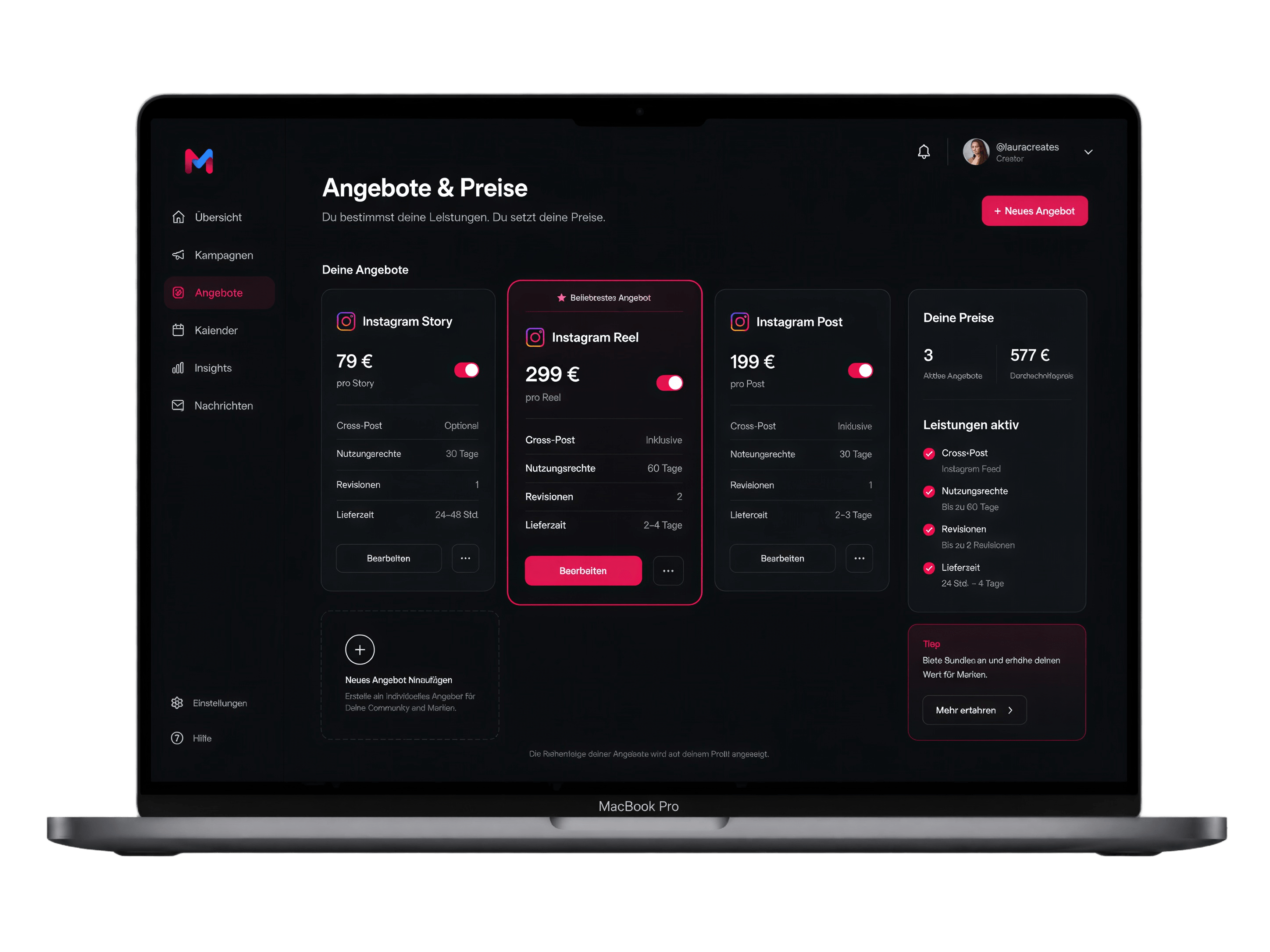 Markify Angebote pro Creator mit eigenen Leistungen, Festpreisen und Format-Optionen