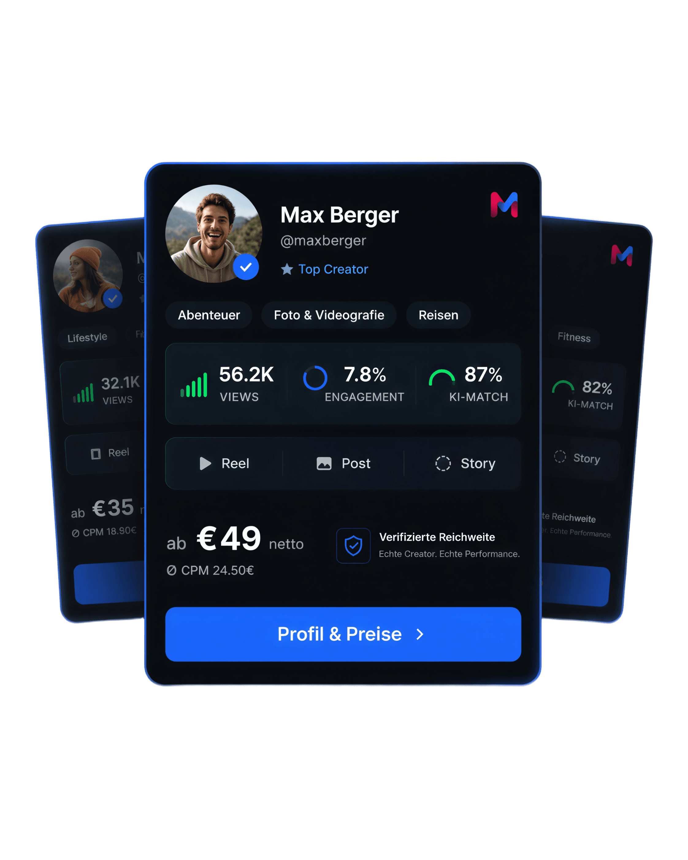 Markify Creator-Profile mit Preis, Reichweite, Engagement-Rate und KI-Match-Score auf einen Blick